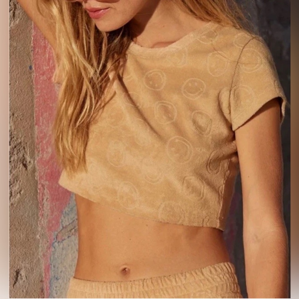 OFFLINE by AERIE Smilely Face Cropped Top Terrycloth T Shirt